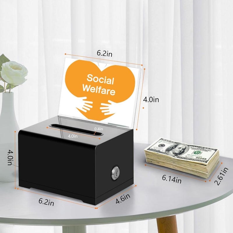 KYODOLED صندوق اقتراحات أسود مع فتحة وقفل للتصويت، صندوق تبرعات مع حامل لافتة، وعاء نصائح، 6.2" × 4.6" × 4.0" - Image 2